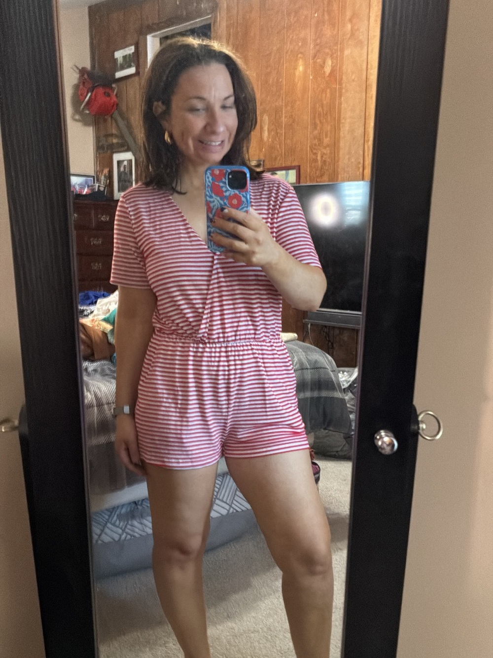 Pink lily red and white stripped romper